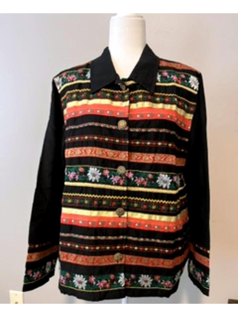 Tantrums XL Black Button-Up Shirt with Colorful Striped Floral Pattern